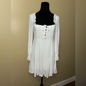 CBR White Long-Sleeve Square Neck Lace-Up Mini Dress